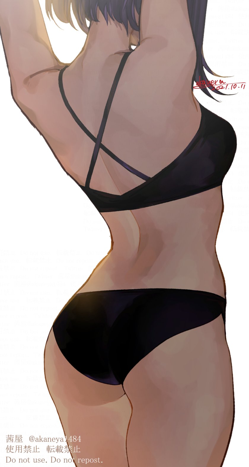 1girl, arms_up, ass, asymmetrical_hair, back, bikini, black_bikini, black_hair