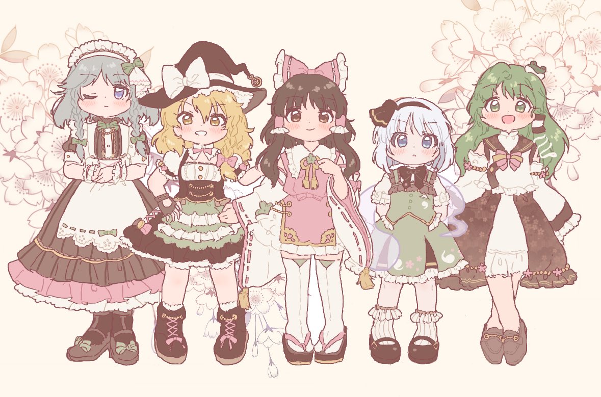 5girls, :d, alternate_costume, apron, bangs, black_bow, black_dress, black_footwear