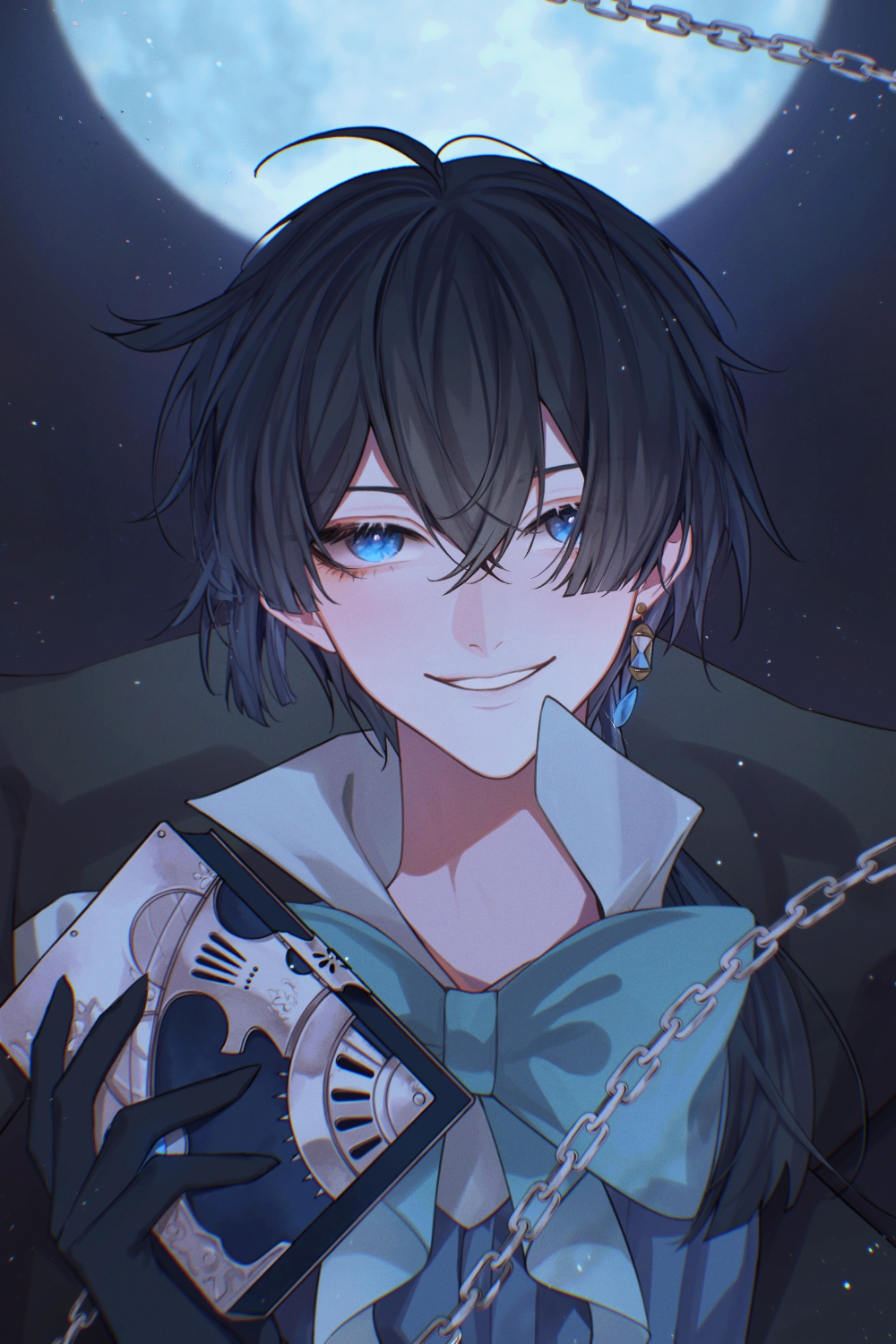 1boy, ahoge, black_hair, blue_eyes, book, bow, chain, hair_between_eyes, highres, holding, holding_book, kiyukyuu, looking_at_viewer, moon, night, portrait, smile, solo, vanitas_(vanitas_no_carte), vanitas_no_carte
