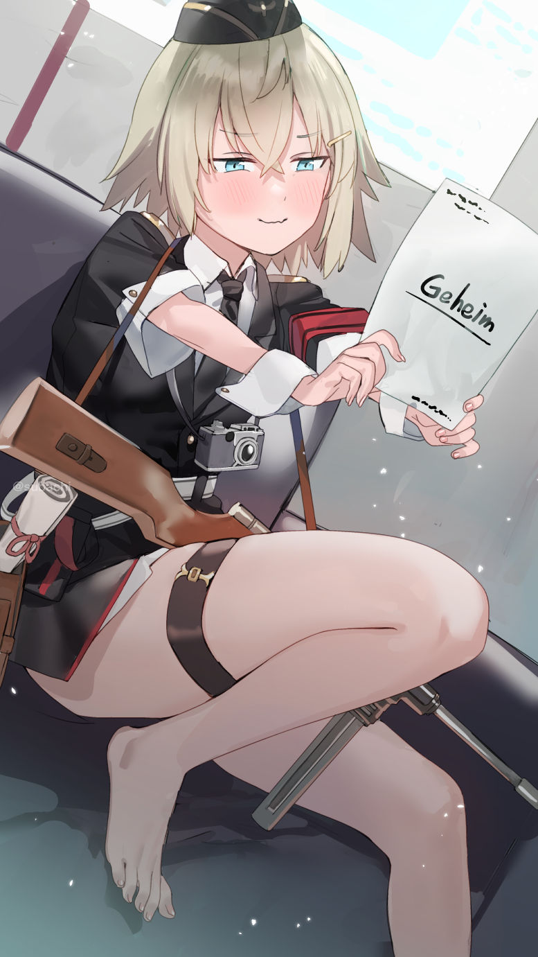 1girl, bangs, barefoot, black_headwear, black_jacket, black_neckwear, blue_eyes, blush