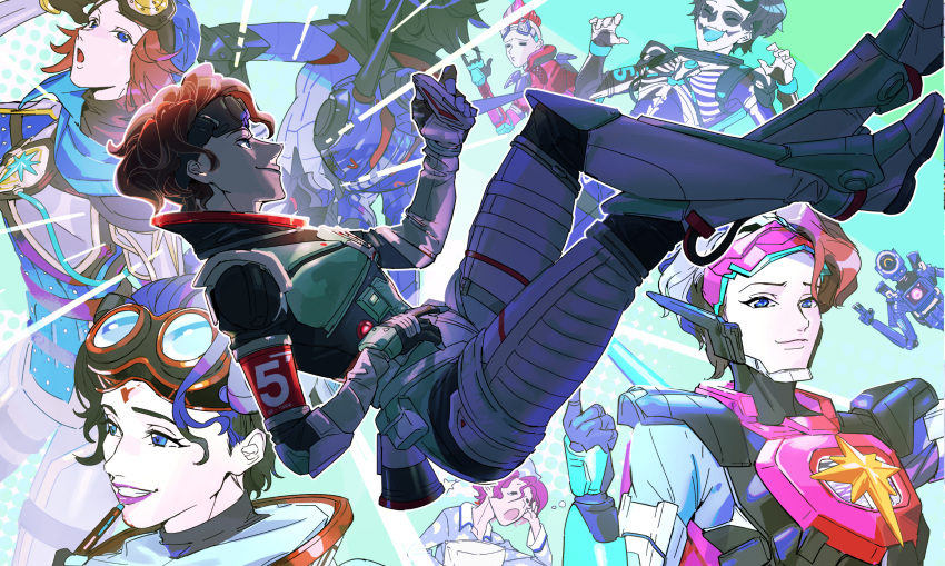 1boy, 1girl, \m/, apex_legends, armor, backpack, bag, black_hair