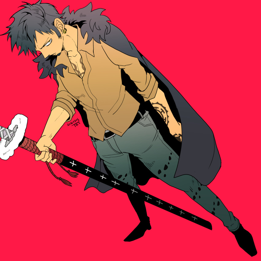 1boy, absurdres, coat, earrings, facial_hair, fur-trimmed_coat, fur_trim, goatee, highres, holding, holding_sword, holding_weapon, jewelry, one_piece, red_background, sheath, sheathed, short_hair, solo, sword, tattoo, tbt, trafalgar_law, weapon