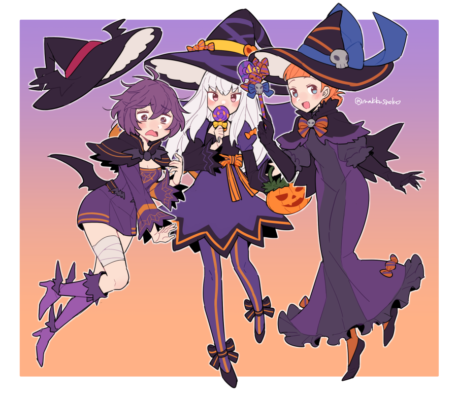 3girls, ahoge, alternate_costume, annette_fantine_dominic, bandaged_leg, bandages, bangs, bat_wings
