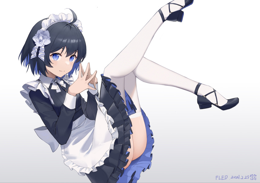 1girl, absurdres, apron, artist_name, ass, bangs, black_dress, blue_eyes