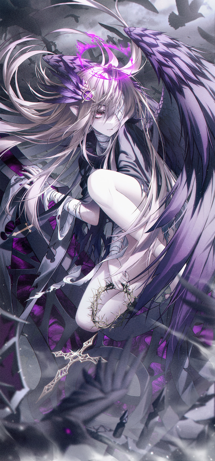 1girl, absurdres, andi_1021, angel, angel_wings, bandage_over_one_eye, bandaged_arm, bandaged_neck