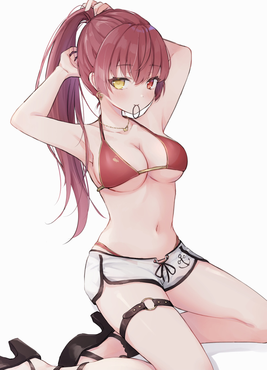 1girl, absurdres, ankle_strap, armpits, arms_up, bikini, bikini_under_clothes, breasts, dolphin_shorts, earrings, gladiator_sandals, hair_tie_in_mouth, halter_top, halterneck, heart, heart_earrings, heart_necklace, heterochromia, highres, hololive, houshou_marine, jewelry, kneeling, large_breasts, long_hair, looking_at_viewer, mouth_hold, navel, o-ring, o-ring_legwear, ponytail, red_bikini, red_eyes, redhead, sandals, shano_hiyori, short_shorts, shorts, solo, stomach, string_bikini, swimsuit, thigh_strap, tying_hair, virtual_youtuber, white_shorts, yellow_eyes