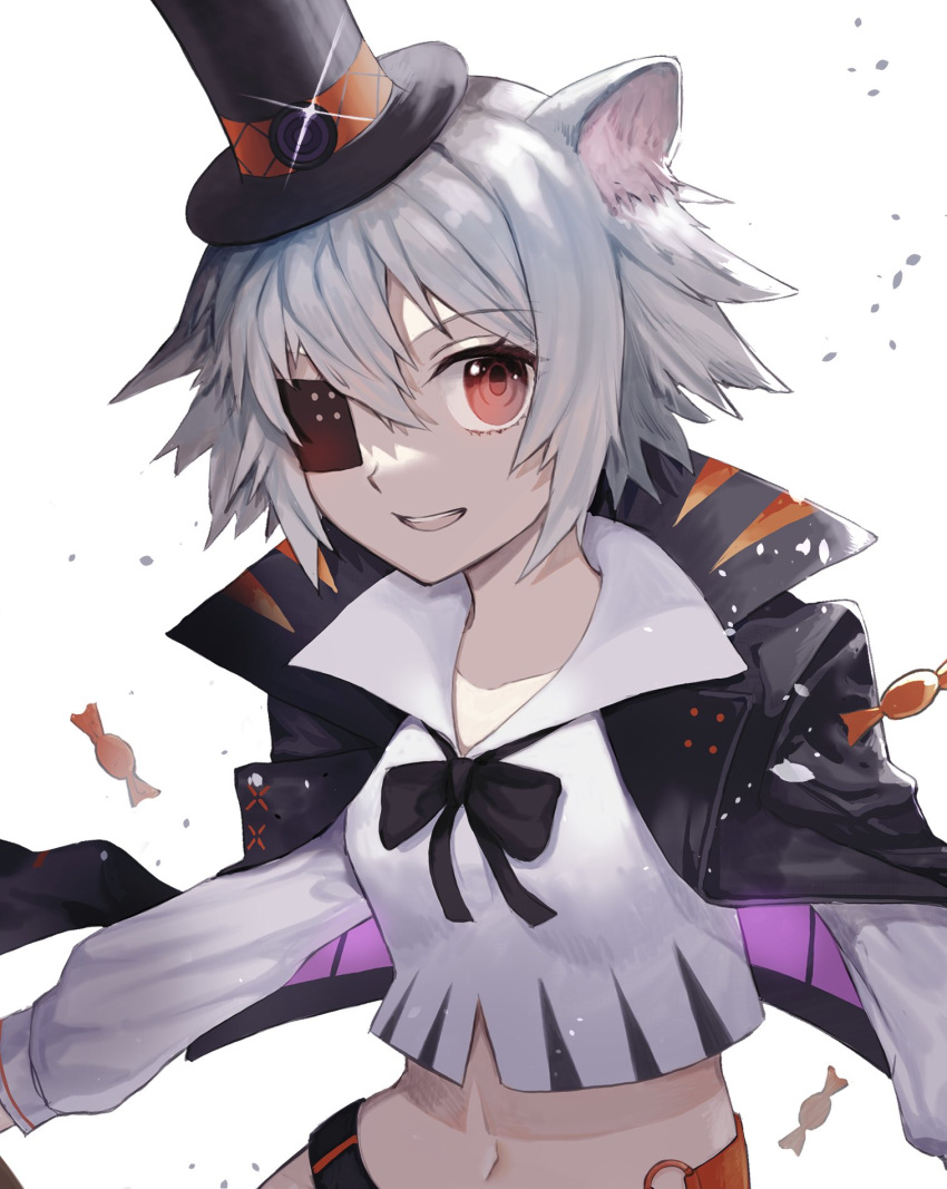 1girl, animal_ears, arknights, bangs, capelet, click_(arknights), click_(grave_thief)_(arknights), crop_top