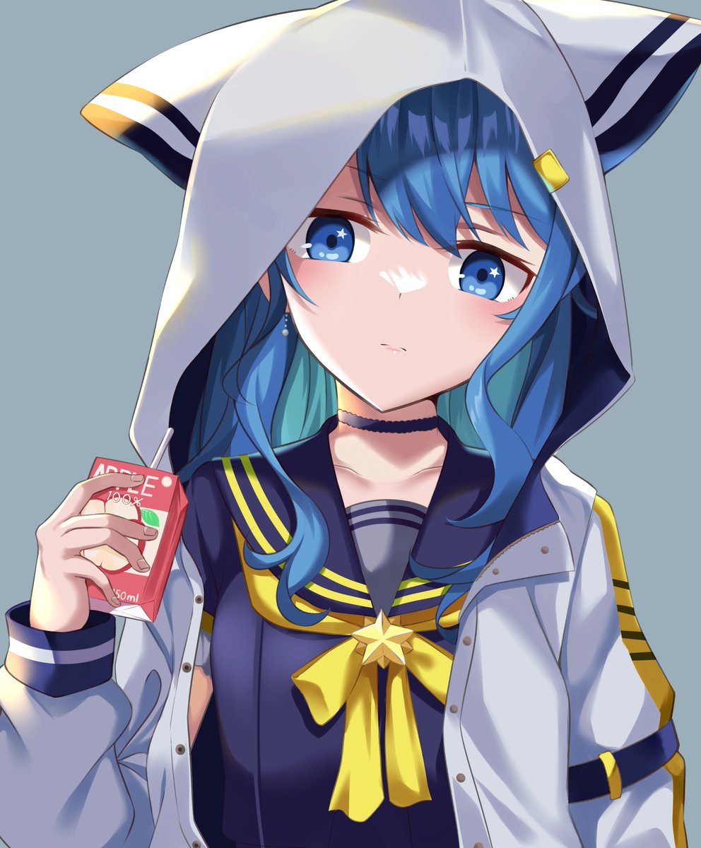 1girl, animal_hood, apple_juice, bangs, black_sailor_collar, black_shirt, blue_eyes, blue_hair