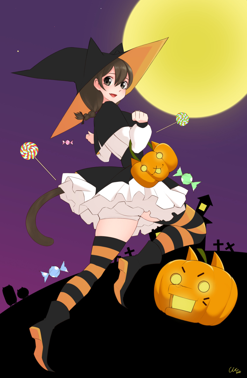 1girl, absurdres, ass, black_eyes, black_footwear, bloomers, braid, breasts, brown_hair, candy, cat_(nyanko_daisensou), cat_tail, cow_coconut, doggy_(nyanko_daisensou), food, hat, highres, jack-o'-lantern, lollipop, mansion, minya_(nyanko_daisensou), moon, nyanko_daisensou, striped, striped_legwear, tail, tombstone, trick-or-treating, underwear, witch_hat
