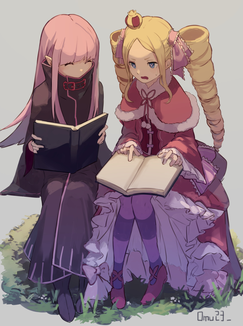 2girls, ^_^, bangs, beatrice_(re:zero), blonde_hair, blue_eyes, blunt_bangs, book