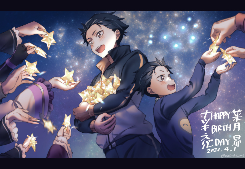:d, beatrice_(re:zero), black_hair, brown_eyes, emilia_(re:zero), frederica_baumann, frilled_sleeves, frills