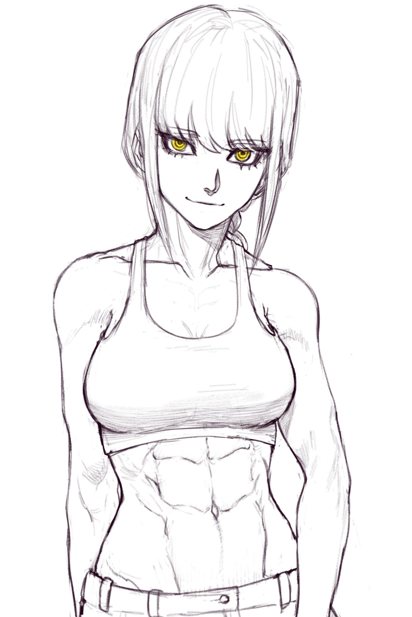1girl, abs, absurdres, braid, breasts, chainsaw_man, closed_mouth, cowboy_shot, dujan, highres, large_breasts, long_hair, looking_at_viewer, makima_(chainsaw_man), midriff, muscular, muscular_female, navel, pants, ringed_eyes, simple_background, smile, solo, sports_bra, spot_color, white_background, yellow_eyes