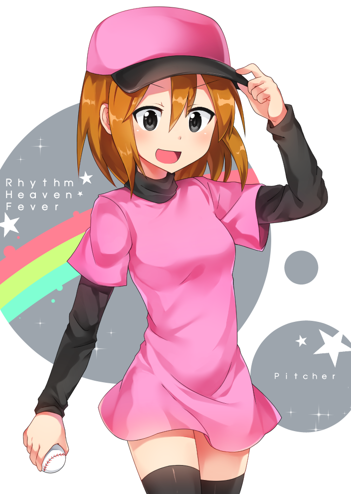 1girl, adjusting_clothes, adjusting_headwear, arm_up, ball, baseball, baseball_cap, black_legwear, blush, brown_hair, caramell0501, character_name, copyright_name, eyebrows_visible_through_hair, grey_eyes, hat, holding, holding_ball, long_sleeves, looking_at_viewer, minna_no_rhythm_tengoku, nintendo, open_mouth, pink_headwear, pitcher_(rhythm_tengoku), rhythm_heaven, rhythm_heaven_fever, rhythm_tengoku, short_hair, smile, solo, thigh-highs, tnx