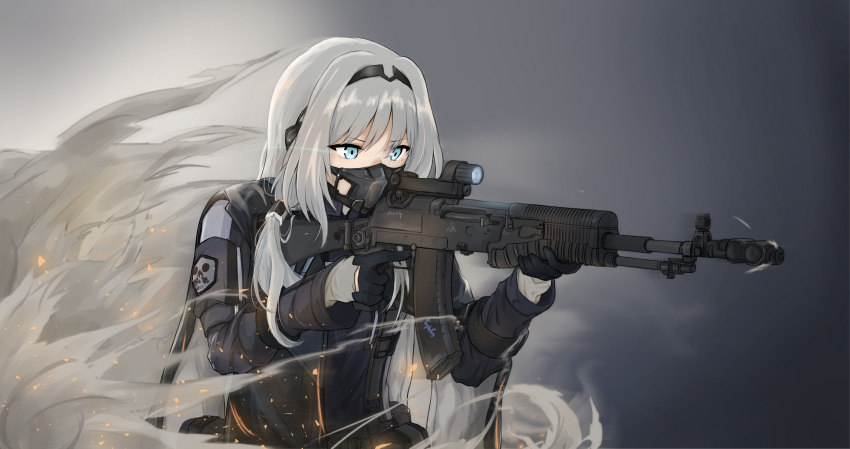1girl, an-94, an-94_(girls'_frontline), armband, assault_rifle, black_gloves, blue_eyes, clov3r