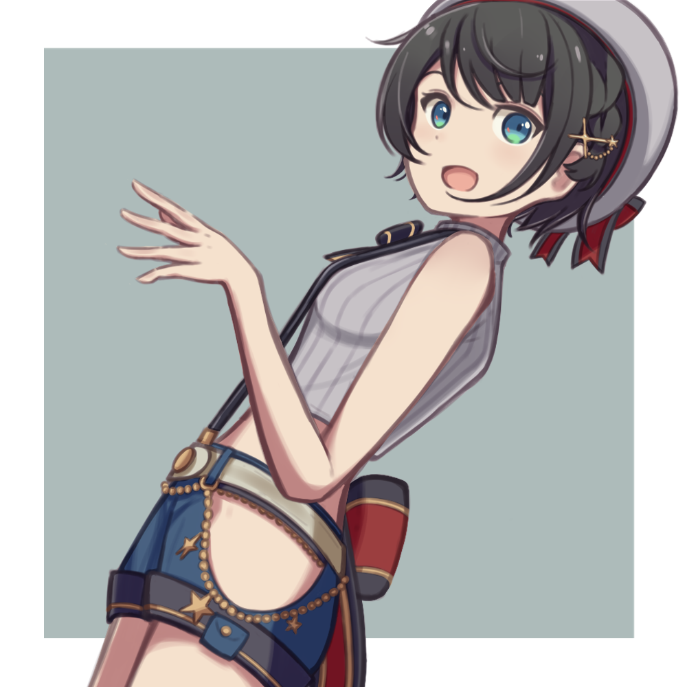 1girl, :d, back_bow, bangs, black_hair, blue_eyes, blue_shorts, bow
