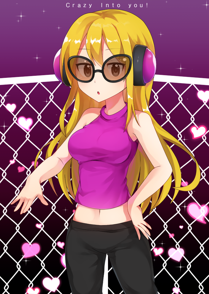 1girl, black_pants, blonde_hair, breasts, caramell0501, chain-link_fence, eyebrows_visible_through_hair, fence, headphones, heart, large_breasts, long_hair, looking_at_viewer, mc_adore, minna_no_rhythm_tengoku, navel, nintendo, pants, parted_lips, purple_shirt, rhythm_heaven, rhythm_heaven_fever, rhythm_tengoku, shirt, sleeveless, so'ra, solo, sunglasses, tnx