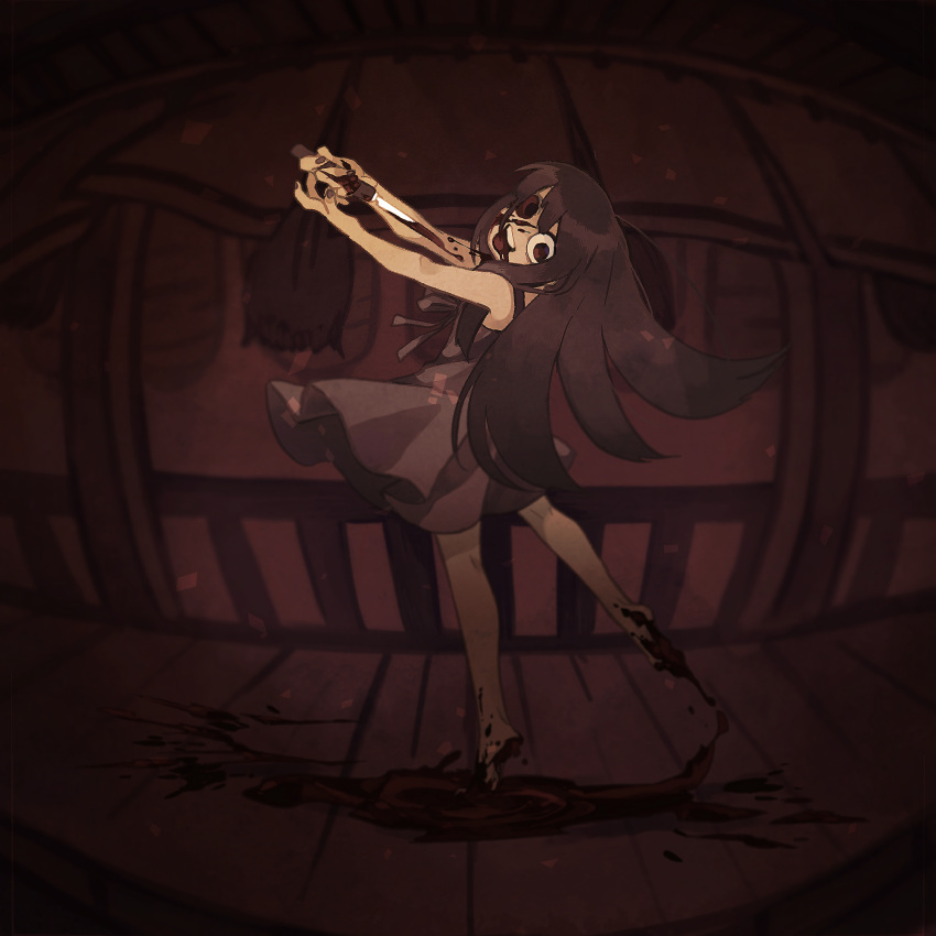 1girl, 6_9, :d, bare_shoulders, blood, blood_from_mouth, blood_on_face, blood_on_feet, blood_on_knife, bloodshot_eyes, blurry, crazy_eyes, crazy_smile, depth_of_field, dress, fisheye, full_body, furude_rika, highres, higurashi_no_naku_koro_ni, holding, holding_knife, knife, lantern, long_hair, looking_at_viewer, looking_to_the_side, momotarekawa, monochrome, noren, open_mouth, paper_lantern, pool_of_blood, puddle, railing, red_theme, shaft_look, sidelocks, smile, solo, stab, standing, standing_on_one_leg, suicide, sundress, tassel, tiptoes, wooden_floor