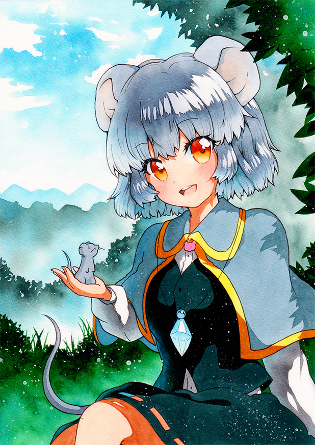 1girl, animal_ears, animal_on_hand, bangs, black_skirt, black_vest, blue_sky, buttons