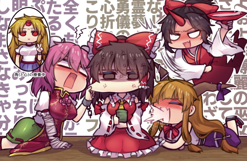 5girls, =_=, anger_vein, ascot, blonde_hair, blush, bow, breasts