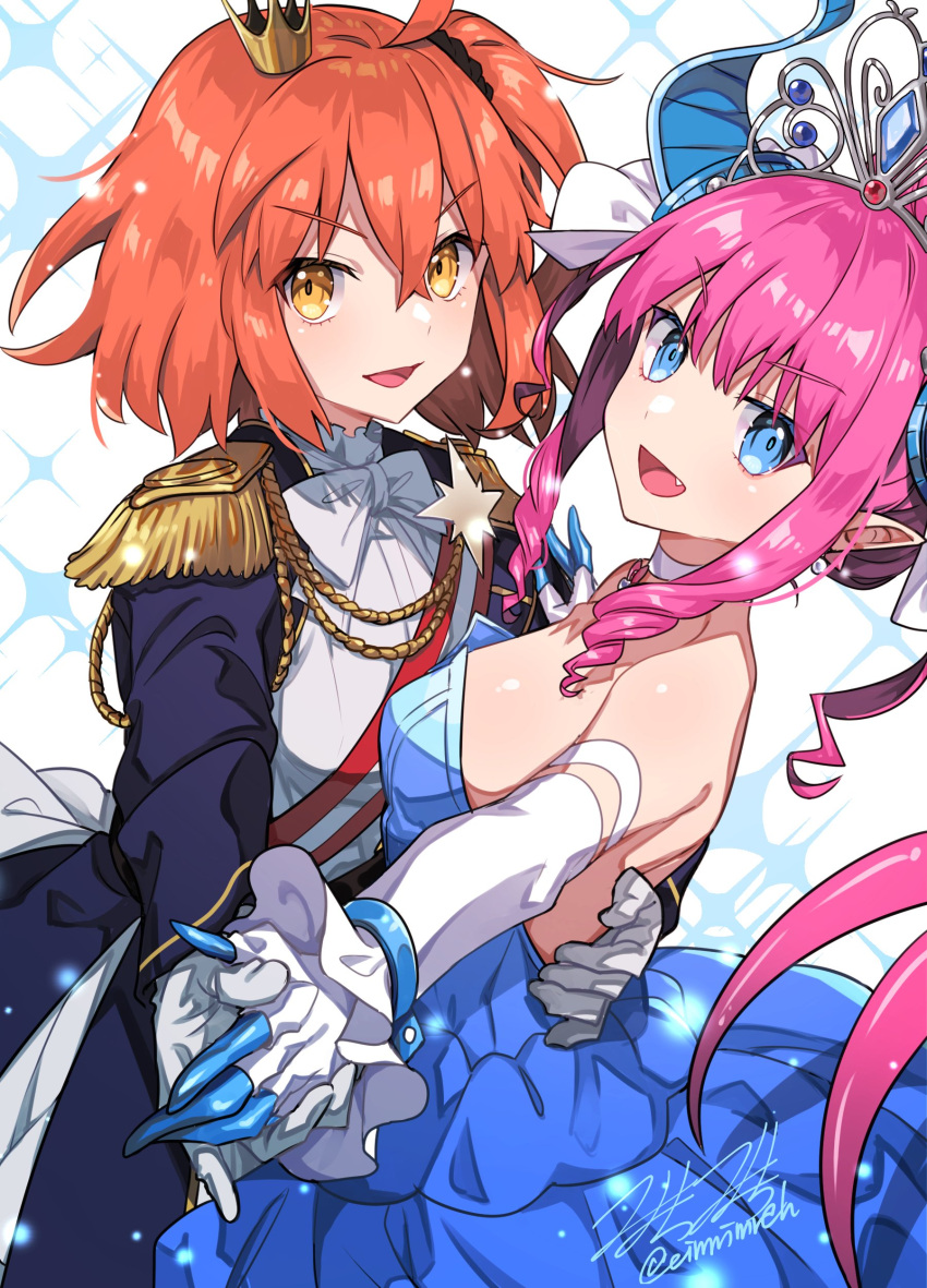 2girls, 88_(einnimnech), absurdres, ahoge, alternate_costume, backless_dress, backless_outfit, bangs