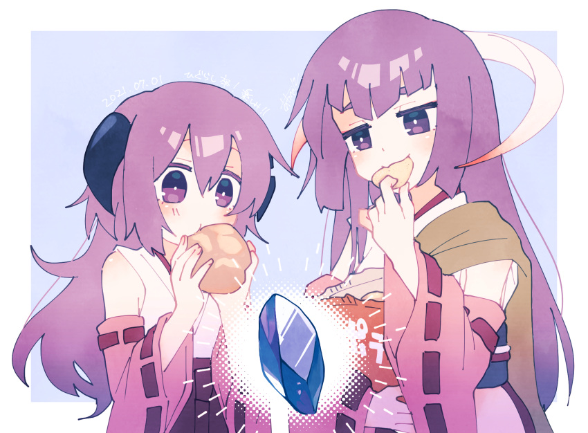2girls, bag, blue_background, border, chips, commentary_request, dated, detached_sleeves