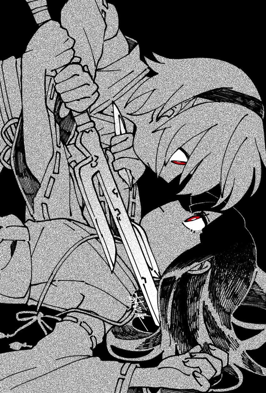 2girls, closed_mouth, commentary_request, confrontation, detached_sleeves, dual_wielding, duel, eye_contact