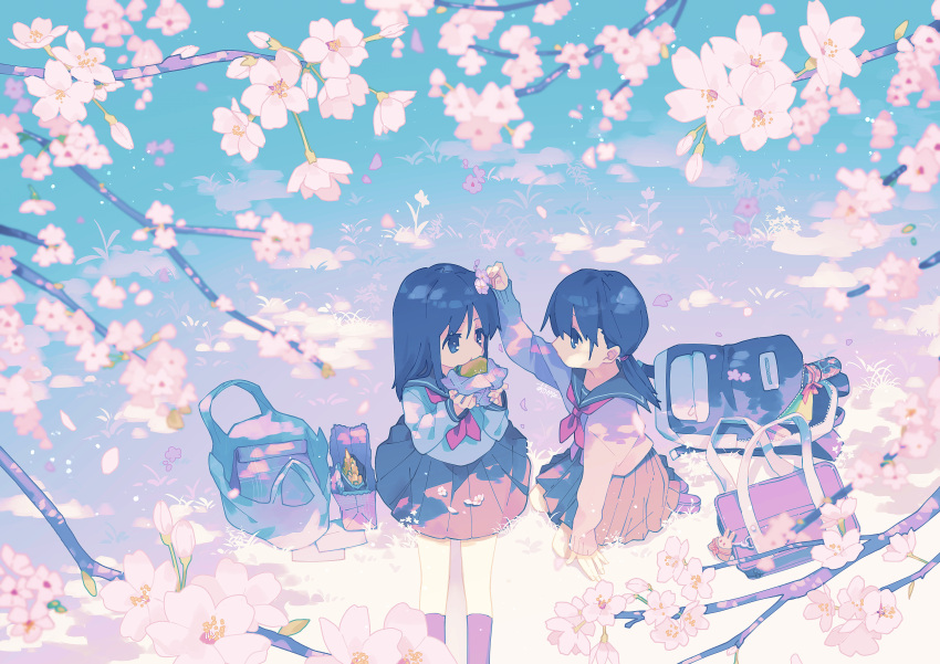 2girls, absurdres, backpack, backpack_removed, bag, bag_charm, bag_removed, black_eyes