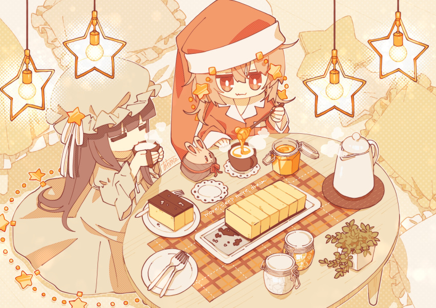 2girls, :3, absurdres, bright_pupils, brown_hair, cake, closed_eyes, closed_mouth
