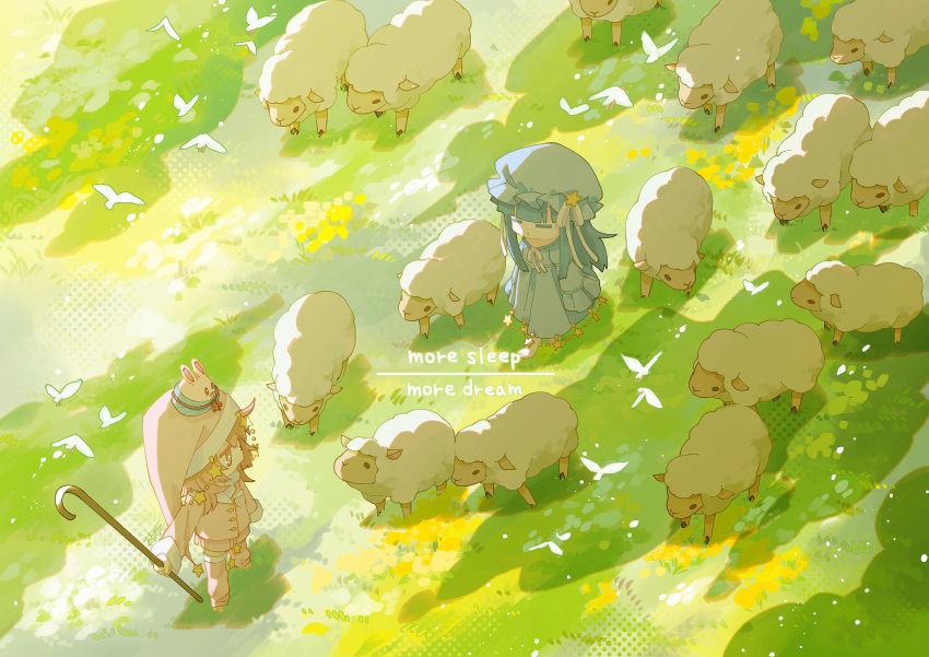 2girls, =_=, absurdres, animal_on_head, bangs, barefoot, bird, blue_hair