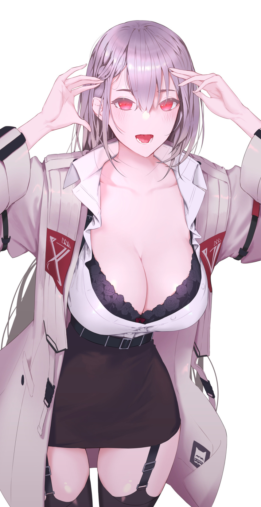 1girl, artist_name, bangs, belt, black_belt, black_bra, black_legwear, black_skirt, bow, bow_bra, bra, braid, breasts, coat, collarbone, collared_shirt, da_souls, dress_shirt, eyebrows_visible_through_hair, french_braid, garter_straps, grey_coat, hair_between_eyes, highres, large_breasts, leaning_forward, long_hair, long_sleeves, looking_at_viewer, miniskirt, open_clothes, open_coat, open_mouth, original, partially_unbuttoned, print_bra, red_eyes, shirt, side_braid, silver_hair, skirt, solo, thigh-highs, unbuttoned, unbuttoned_shirt, underwear, very_long_hair, white_shirt, zettai_ryouiki
