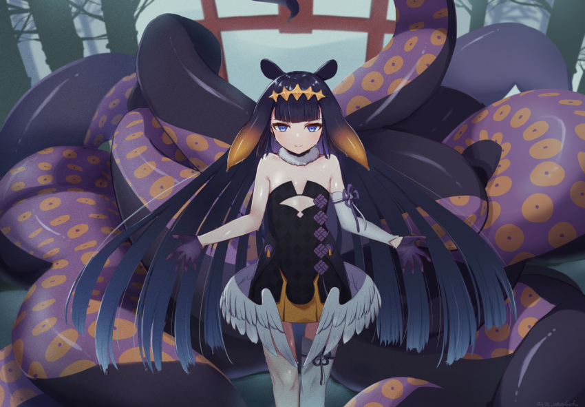 1girl, black_dress, black_gloves, black_hair, blue_eyes, check_commentary, commentary_request, dress