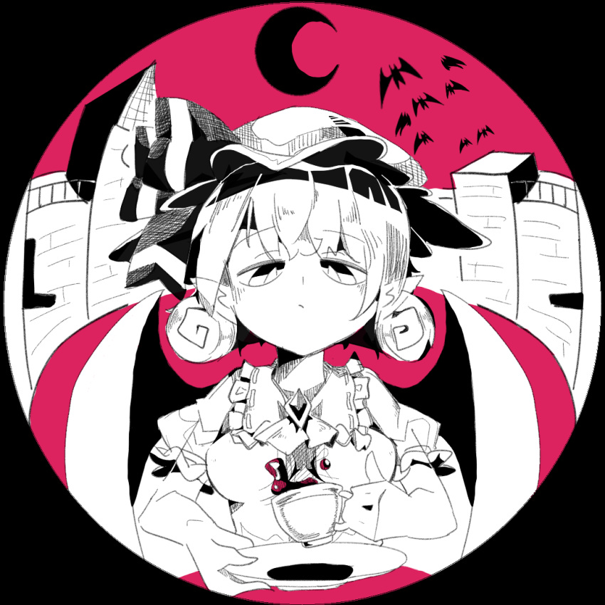 bat, bow, breasts, bright_pupils, building, crosshatching, cup, hat