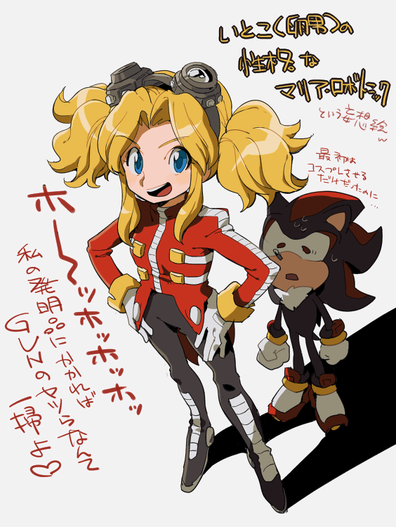 1boy, 1girl, :d, alternate_hairstyle, aoki_(fumomo), black_pants, blonde_hair, blue_eyes