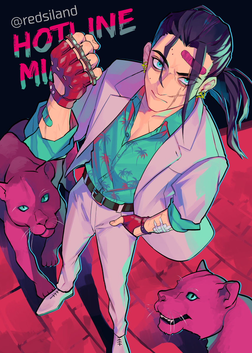 1boy, akagi_(redsiland), artist_name, bandages, bandaid, bandaid_on_face, belt, black_hair, brass_knuckles, clenched_hand, commentary_request, earrings, fingerless_gloves, formal, gloves, green_eyes, hand_in_pocket, highres, hotline_miami, hotline_miami_2:_wrong_number, jacket, jaguar, jewelry, male_focus, pants, ponytail, scar, scar_on_face, shirt, son_(hotline_miami), standing, weapon, white_jacket