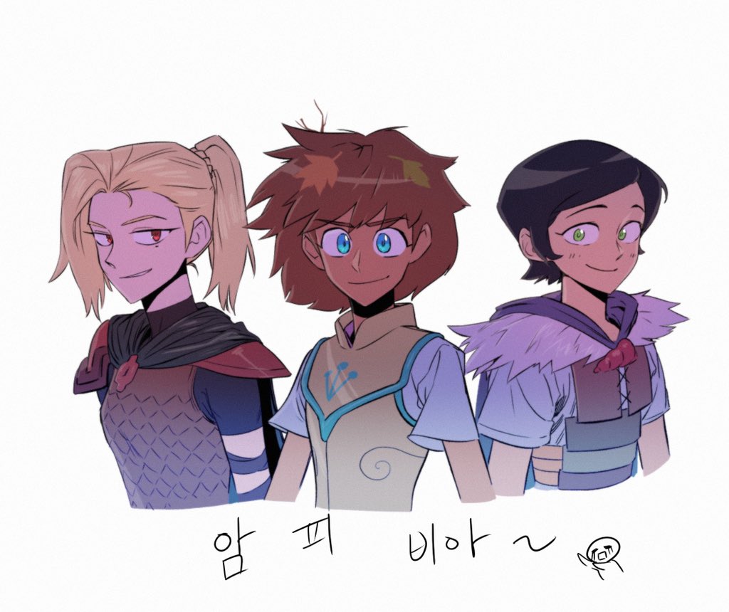 3girls, amphibia, anne_boonchuy, armor, black_hair, blonde_hair, blue_eyes, breastplate