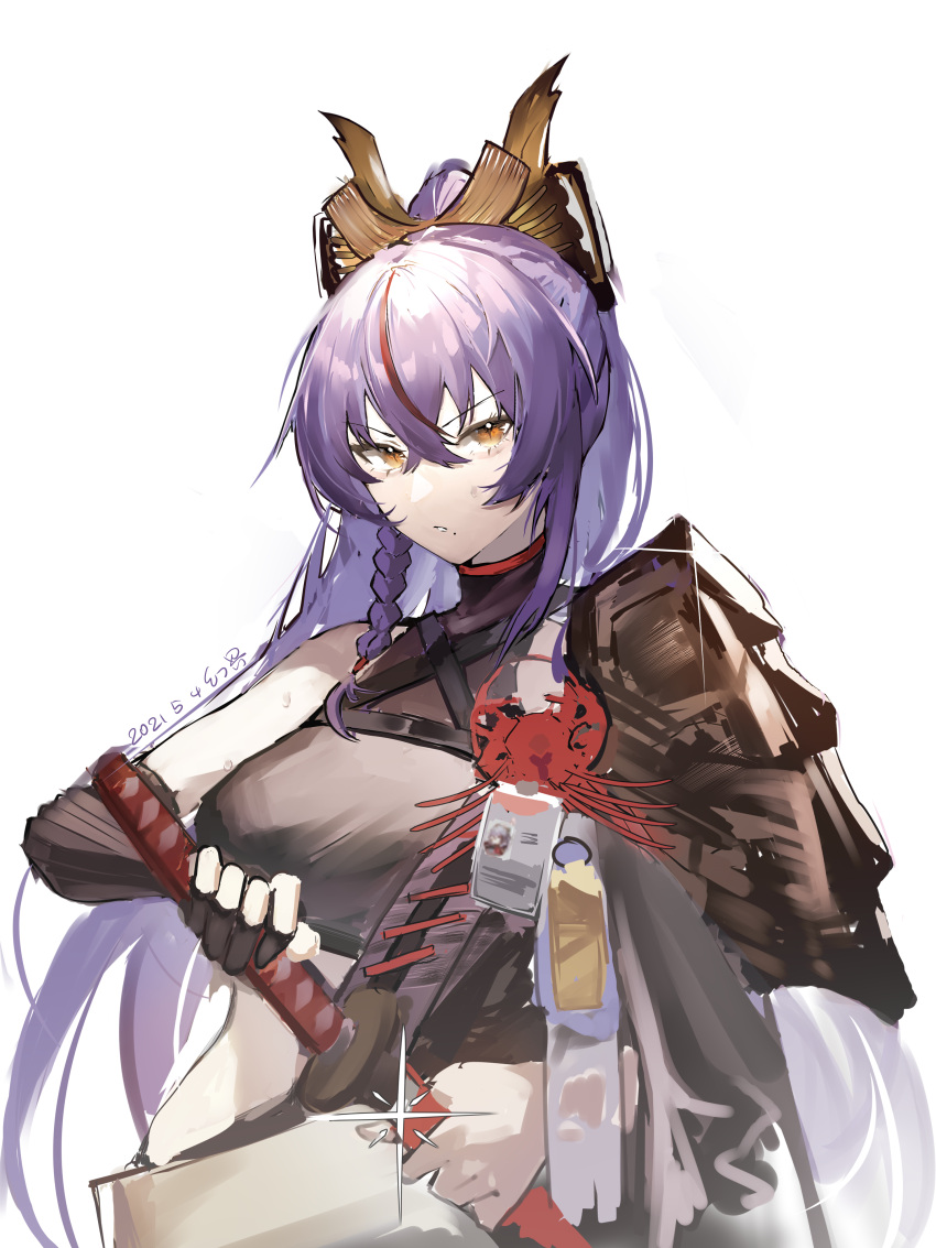 1girl, absurdres, akafuyu_(arknights), arknights, armor, black_gloves, black_shirt, braid