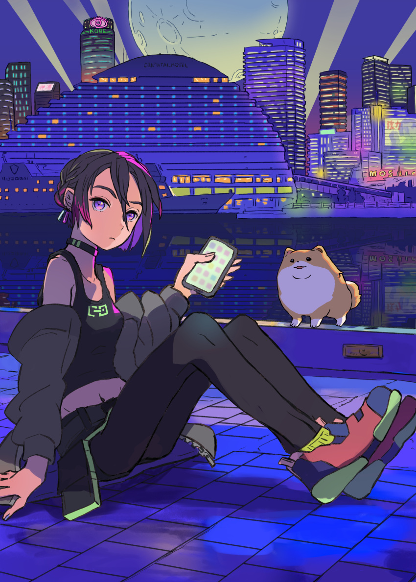 1girl, absurdres, black_hair, building, cellphone, choker, city, dog