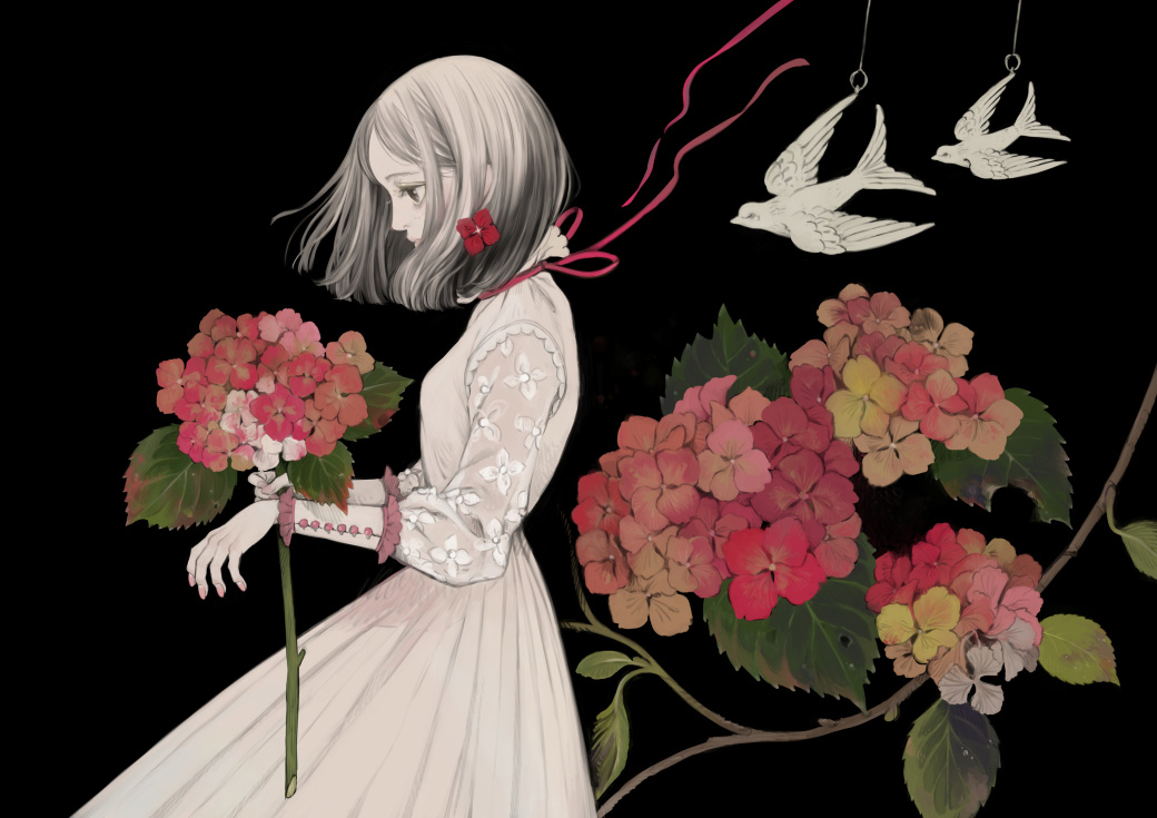 1girl, barn_swallow, bird, black_background, bob_cut, dress, flower, hydrangea