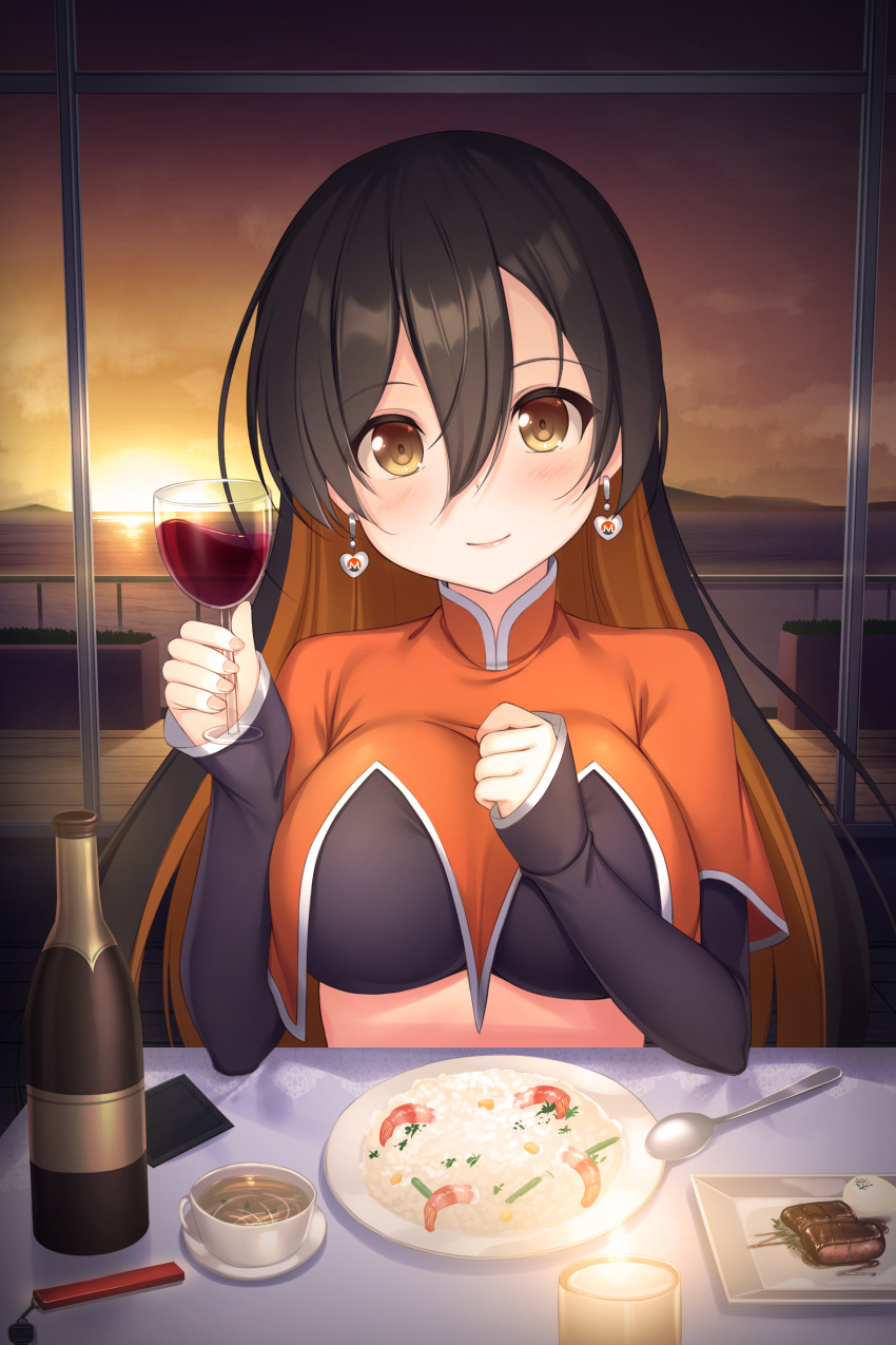 1girl, absurdres, alcohol, black_hair, black_shirt, bottle, breasts, brown_eyes