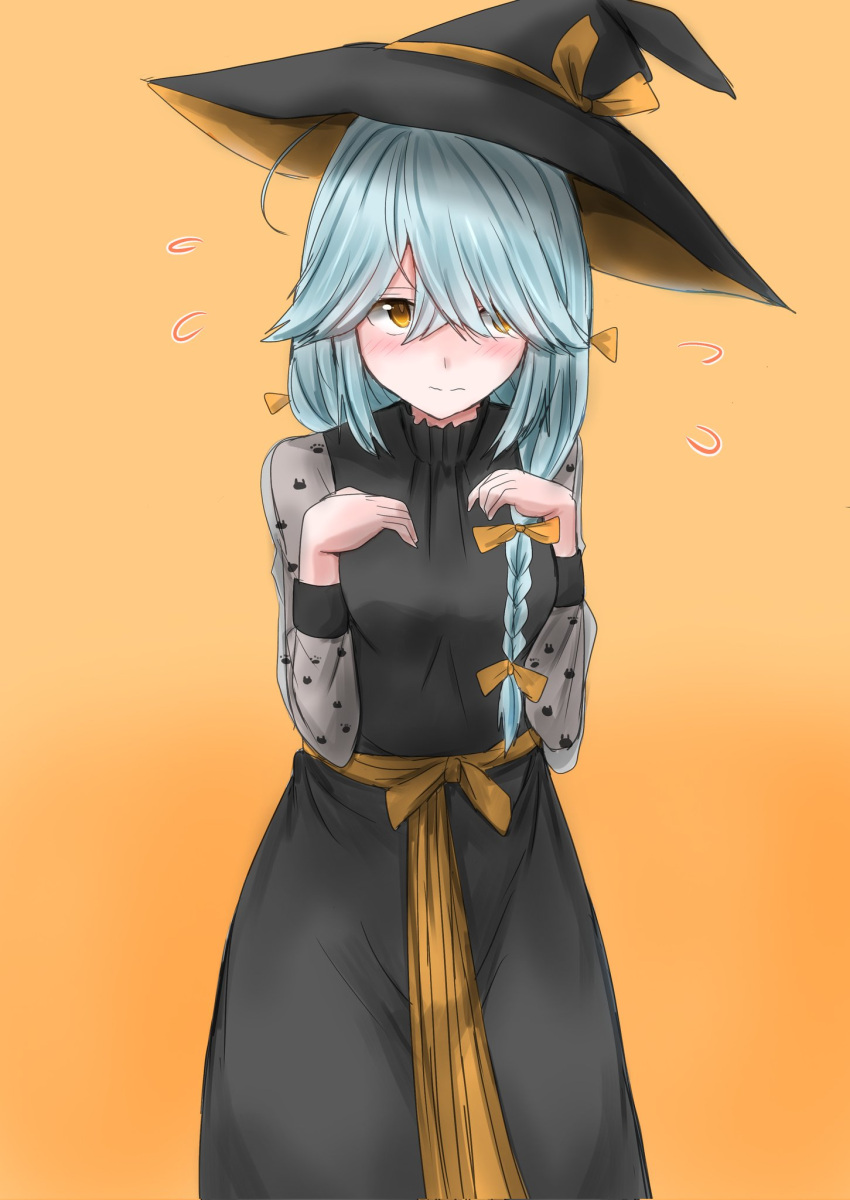 1girl, ahoge, black_dress, blue_hair, blush, bow, braid, closed_mouth