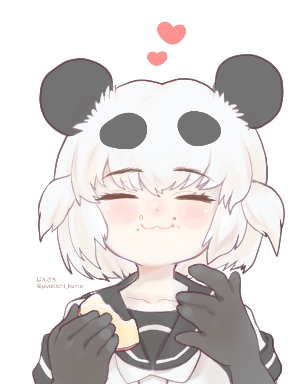 :3, animal_ears, black_gloves, black_hair, black_shirt, blush, closed_eyes, commentary