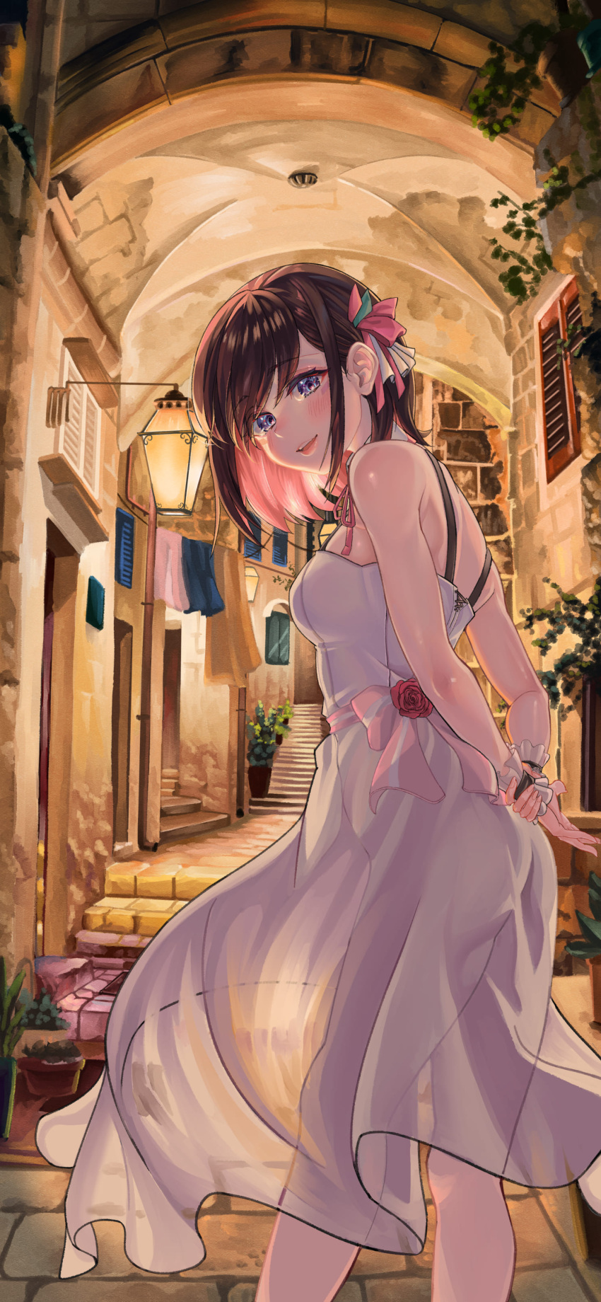 1girl, absurdres, arms_behind_back, azki_(hololive), bangs, bare_arms, bare_shoulders, blush
