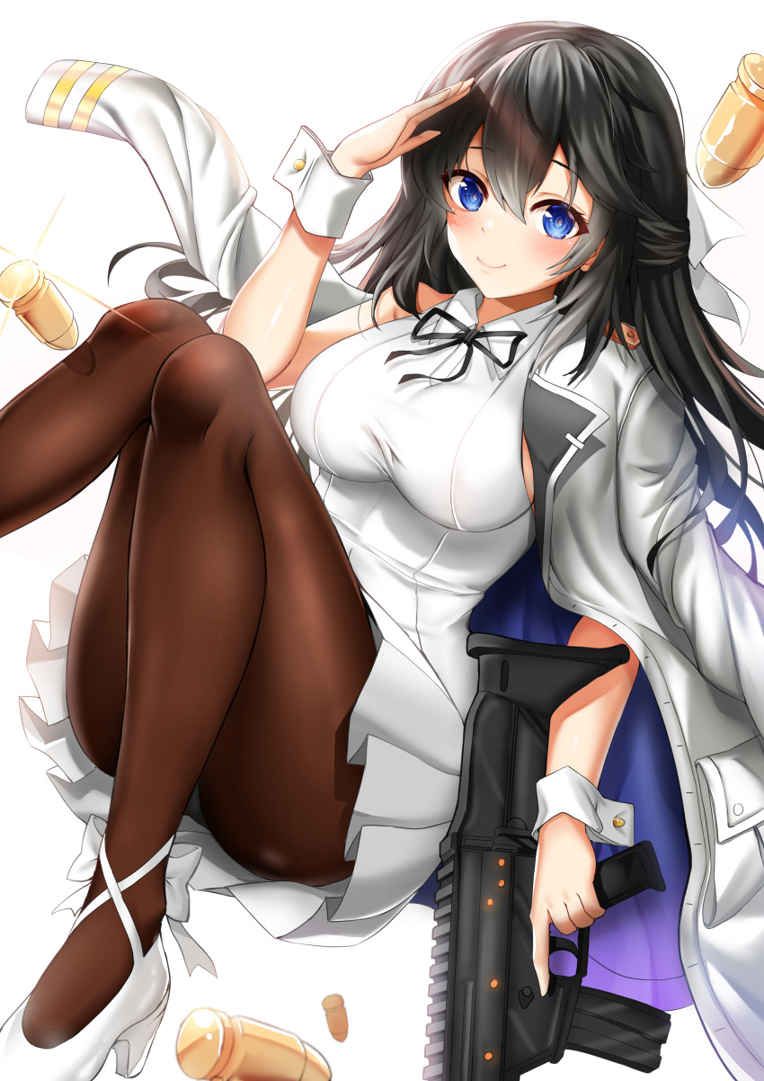 1girl, absurdres, ass, assault_rifle, bare_shoulders, black_hair, blue_eyes, blush