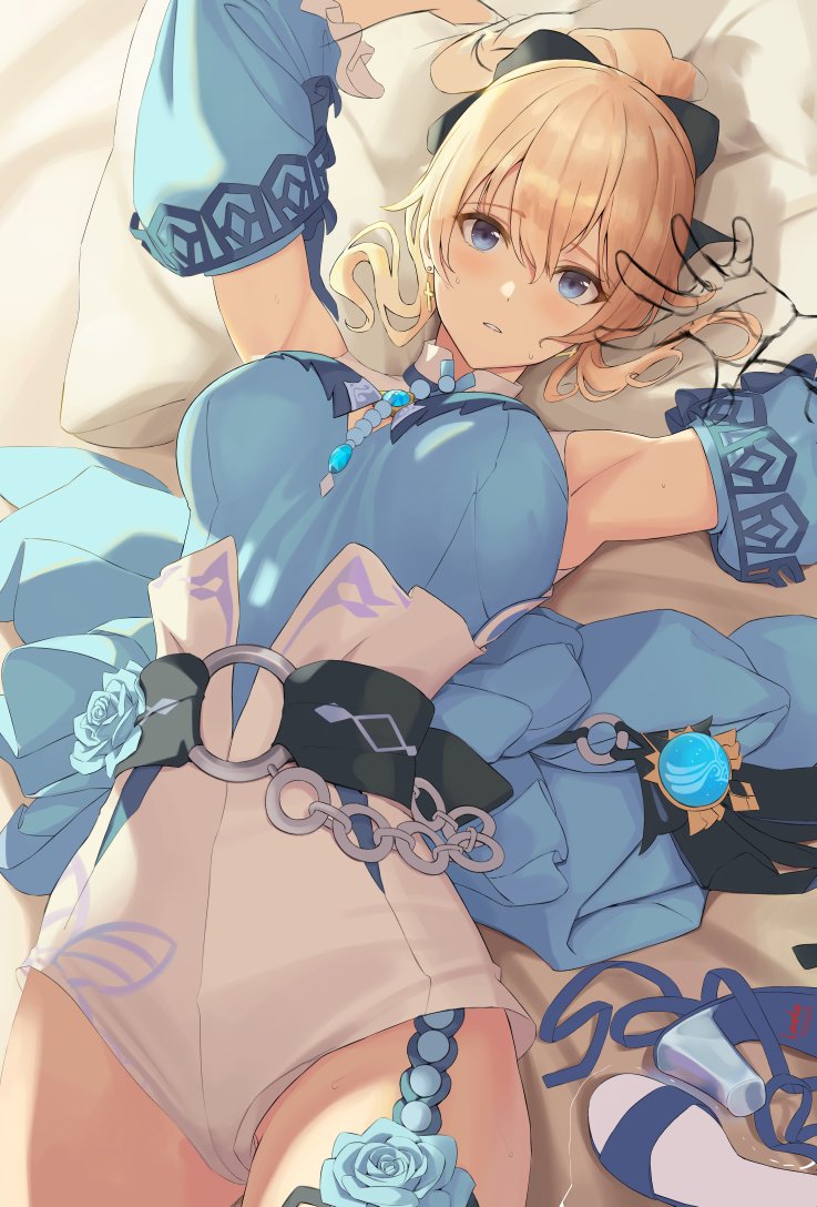 1girl, arms_up, blonde_hair, blue_eyes, bodysuit, breasts, detached_sleeves, garter_straps