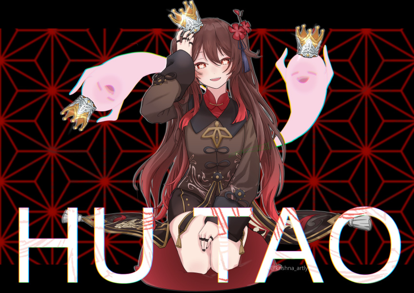 1girl, black_nails, black_shorts, blush, breasts, brooch, brown_hair, character_name