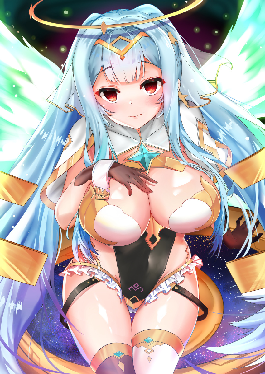 1girl, absurdres, ass_visible_through_thighs, asymmetrical_legwear, bangs, black_gloves, blue_hair, blunt_bangs