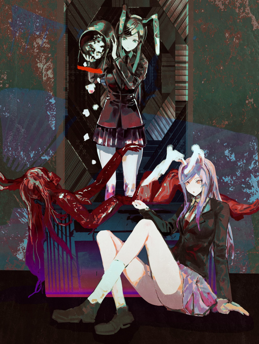 3girls, animal_ears, bangs, black_jacket, blazer, breasts, brown_footwear, chinese_commentary