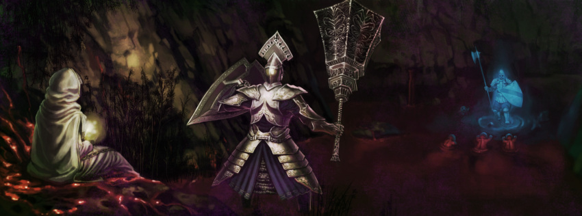 armor, blood, cape, couple, demon's_souls, demon's_souls, epic, female, garl_vinland, helmet, highres, hood, long_image, mace, maiden_astraea, male, polearm, pontako, robe, shield, sitting, weapon, wide_image