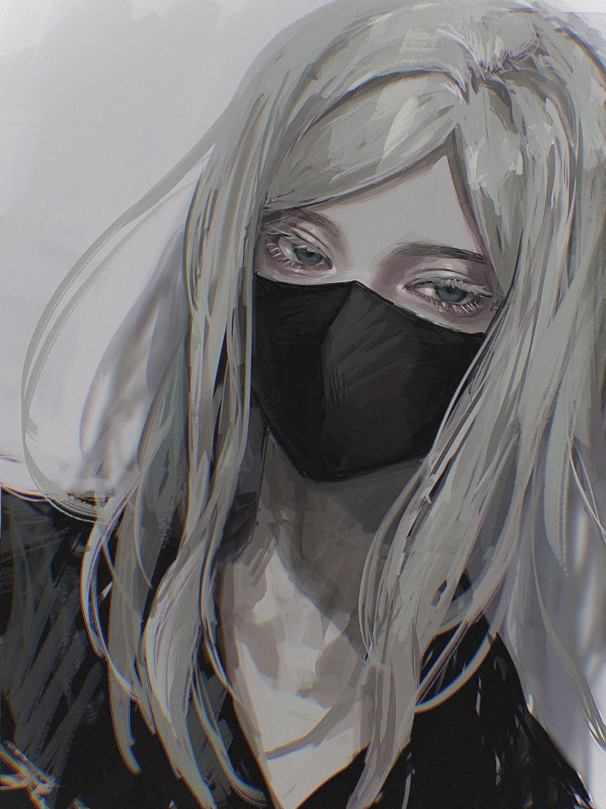 1boy, bangs, black_jacket, black_mask, blonde_hair, blue_eyes, eyelashes, grey_background, highres, jacket, lcu_ivv, long_hair, looking_at_viewer, male_focus, mask, mouth_mask, parted_bangs, portrait, sanzu_haruchiyo, simple_background, solo, tokyo_revengers