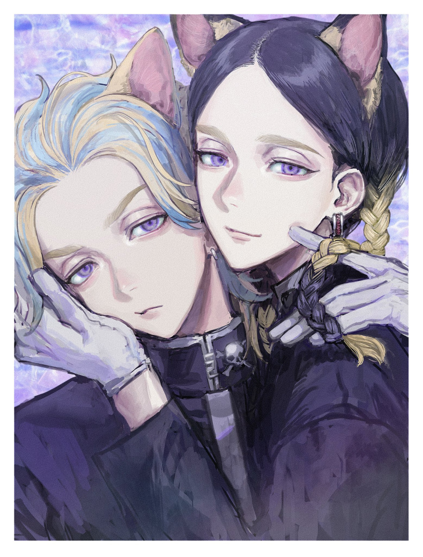 2boys, animal_ears, black_hair, black_jacket, blonde_hair, blue_hair, braid, brothers, cat_boy, cat_ears, closed_mouth, earrings, gloves, haitani_ran, haitani_rindou, hand_up, highres, jacket, jewelry, lcu_ivv, long_hair, long_sleeves, looking_at_viewer, male_focus, multicolored_hair, multiple_boys, siblings, single_earring, smile, tokyo_revengers, twin_braids, two-tone_hair, upper_body, violet_eyes, white_gloves